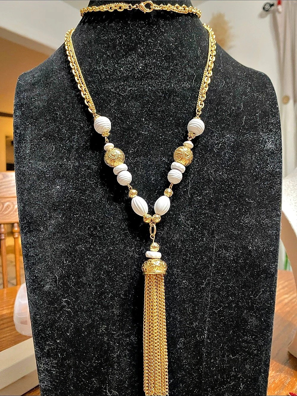 Gold & White Beaded Tassel Necklace
